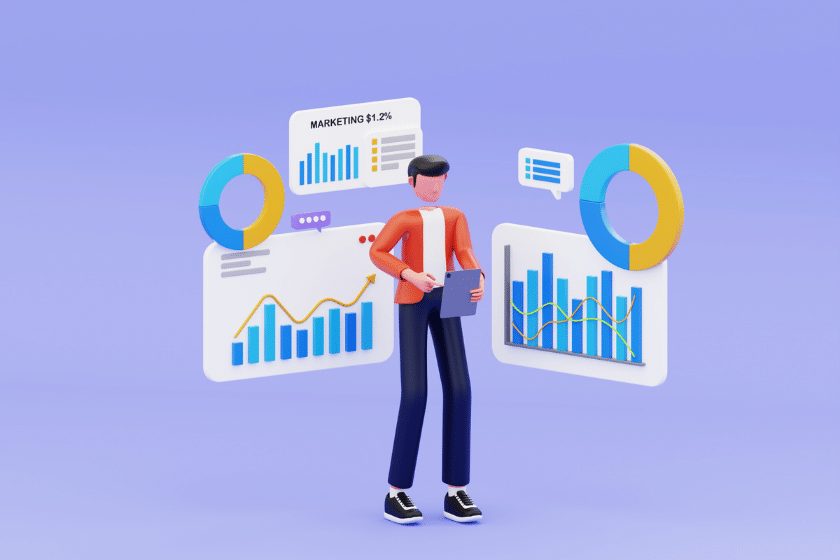 3D illustration of analyst reviewing marketing data dashboard