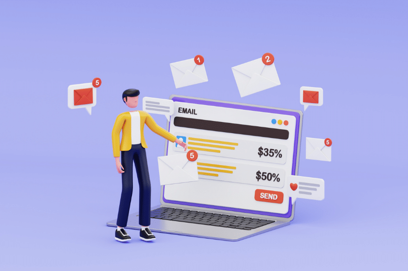 3D illustration of email marketing campaign with laptop dashboar