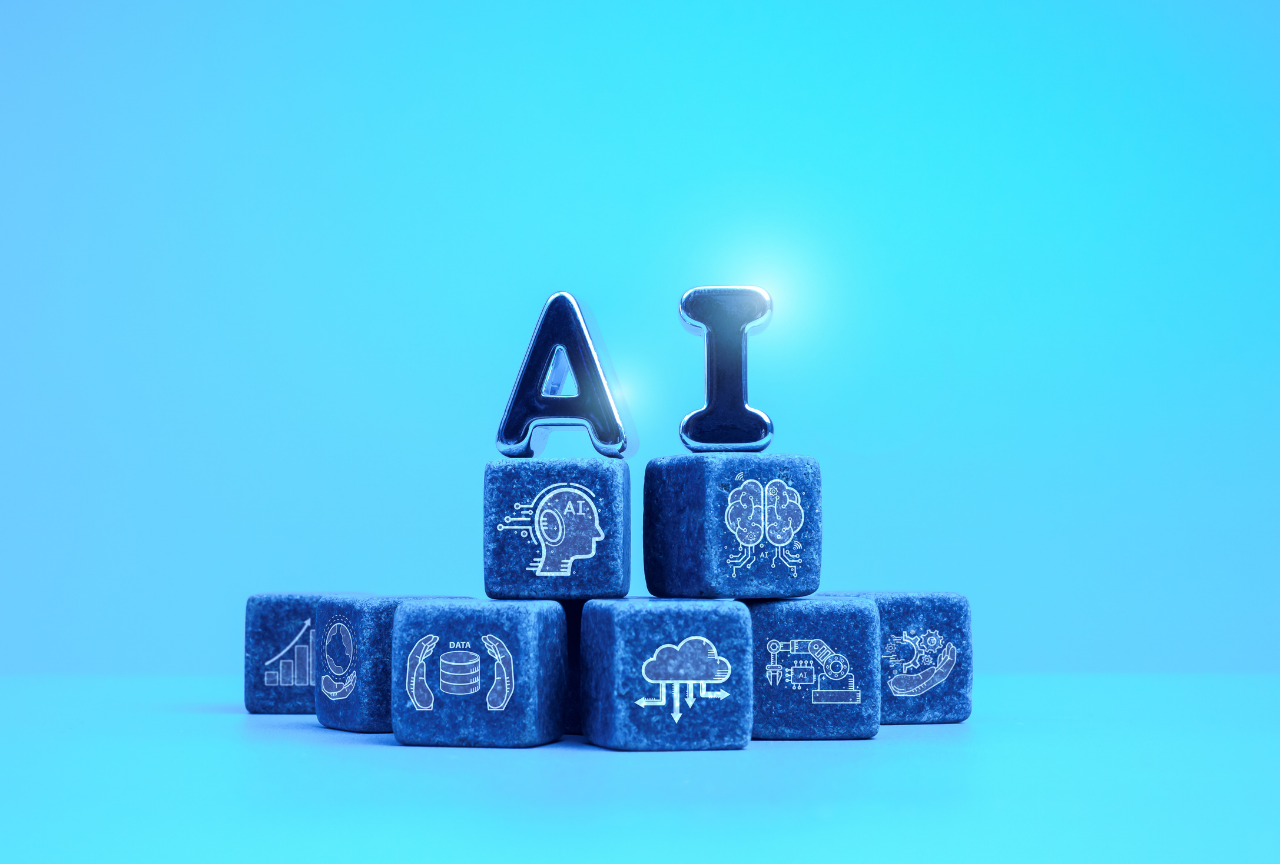 AI concept with 3d letters on cubes with digital icons