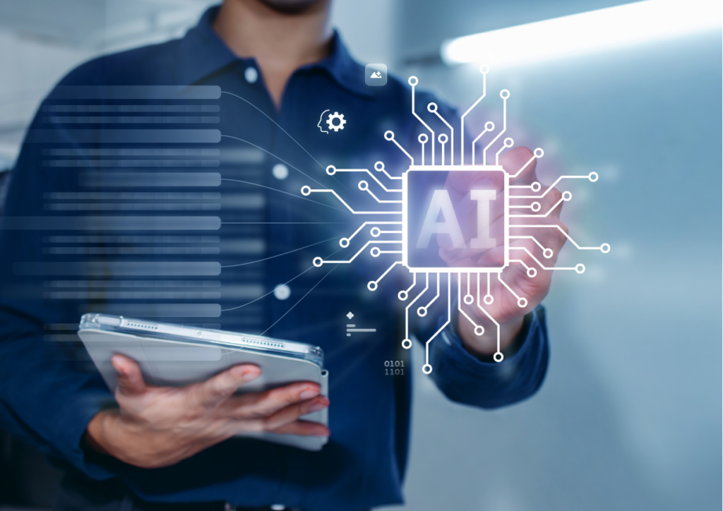 Business professional using a tablet and touching an AI chip interface