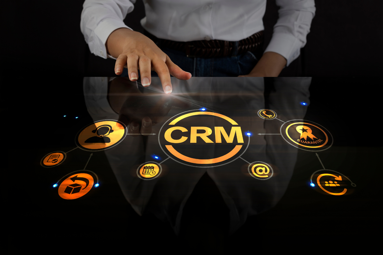Business woman touching screen with about Crm