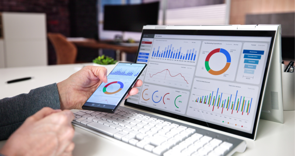 A clean laptop or desktop screen displaying a modern CRM dashboard, with checklist elements surrounding it.