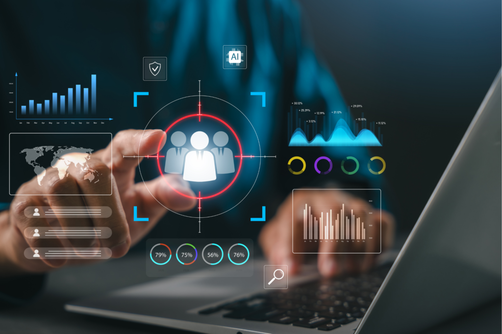 An insurance agent at a desk with a laptop showing a CRM lead pipeline, while subtle AI/automation elements connect leads to follow-up messages.